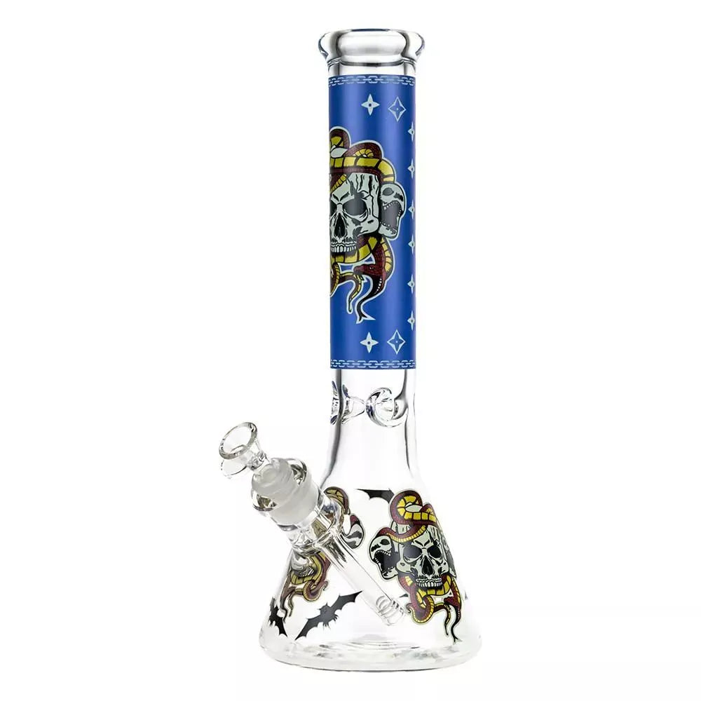 Beaker Ice Bong with Glow in the Dark Snake and Skull Print shown front-on, clear glass beaker with a tall blue neck featuring snake-and-skull artwork.