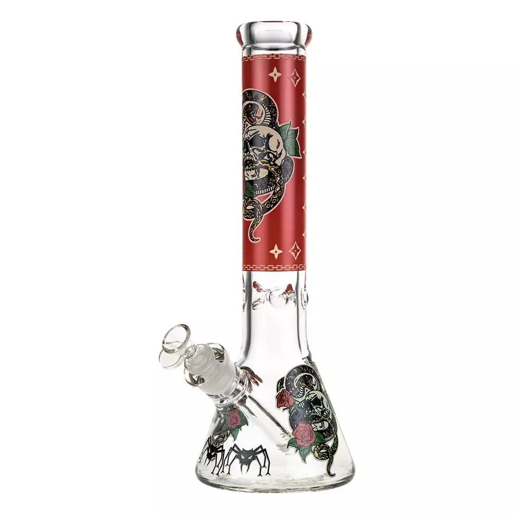 Front view of the Beaker Ice Bong with Glow in the Dark Snake and Skull Print showing a tall clear glass beaker with a red neck band featuring a skull entwined by a snake and matching artwork near the base.