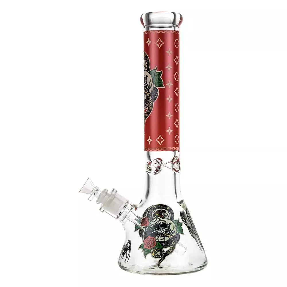 Front view of the Beaker Ice Bong with Glow in the Dark Snake and Skull Print showing a clear glass beaker base with skull-and-snake artwork and a red patterned neck.