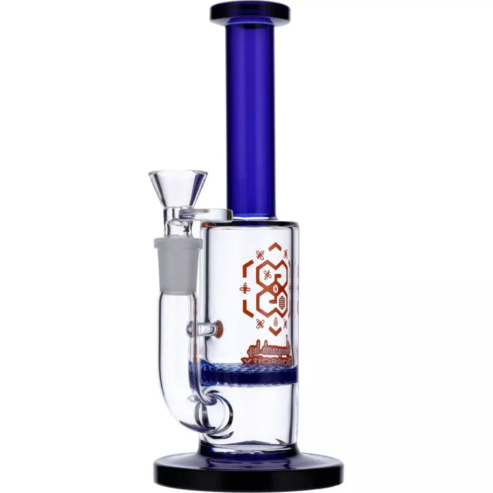 Straight Tube Colored Glass Bong | Blue shown in a studio front view, blue-tinted straight neck and base with clear chamber and orange geometric decal visible.