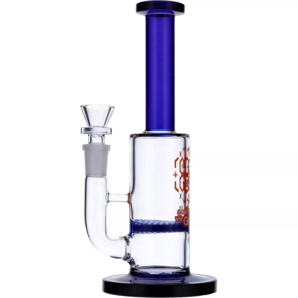 Side view of the Straight Tube Colored Glass Bong | Blue showing its tall blue straight neck, clear chamber with a blue percolator ring and attached clear downstem on a white background