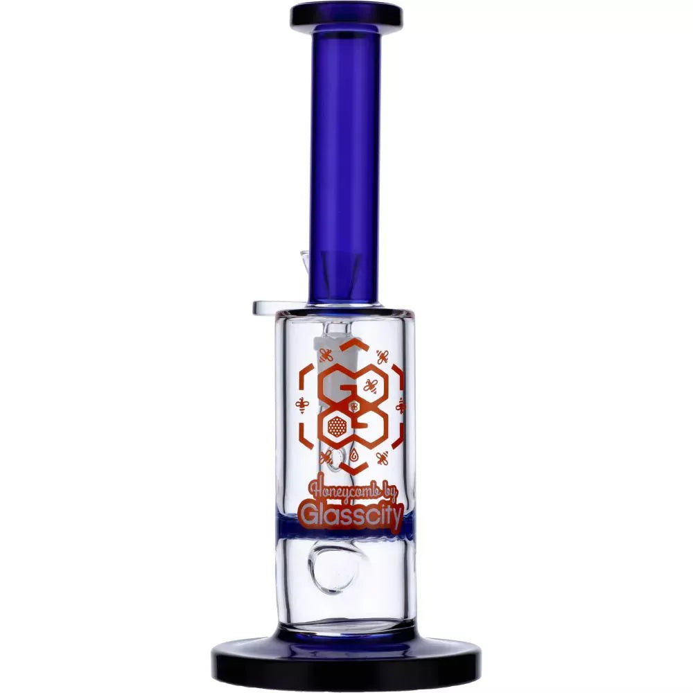 Straight front view of the Straight Tube Colored Glass Bong | Blue showing its tall blue neck, clear chamber with orange honeycomb Glasscity logo, and round base