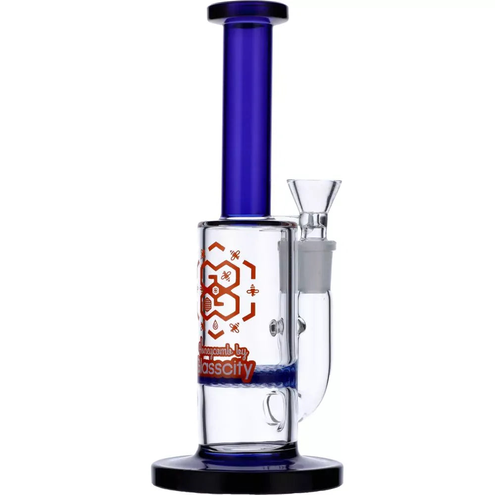 Centered studio shot of the Straight Tube Colored Glass Bong | Blue showing a tall blue neck, clear chamber with red decal, and side bowl.