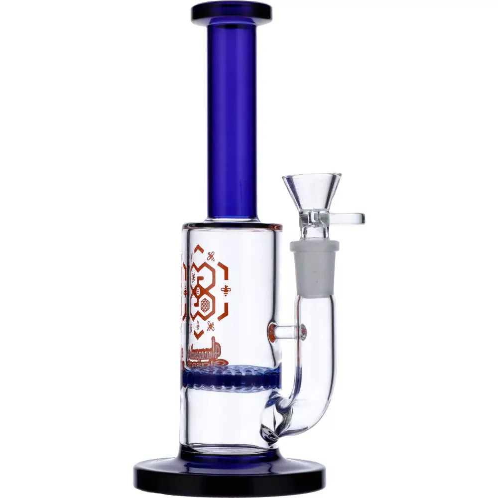 Center-front view of the Straight Tube Colored Glass Bong | Blue showing its tall blue neck, clear chamber with decorative orange pattern and attached downstem.