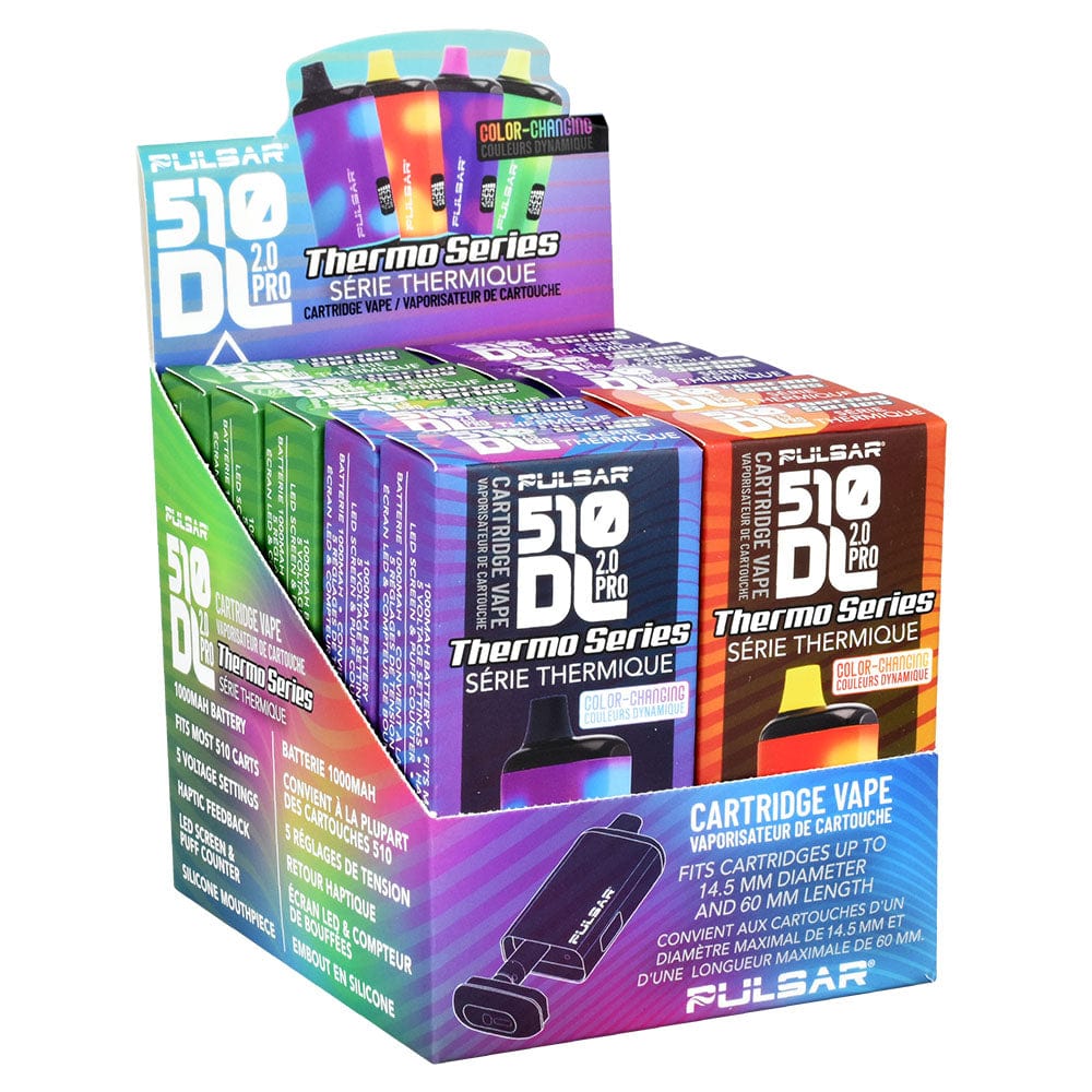 A diagonally angled close-up of the Pulsar 510 DL 2.0 Pro VV Vape Bar, part of the Thermo Series, against a dark background.