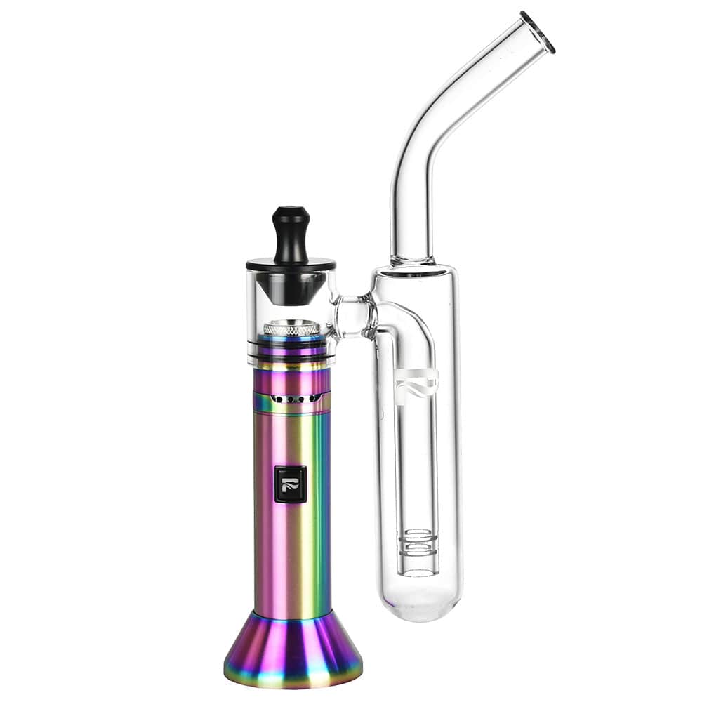 Studio-lit front view of the iridescent Pulsar Barb Fire H2O Variable Voltage Wax Vape Kit paired with a clear glass water attachment.