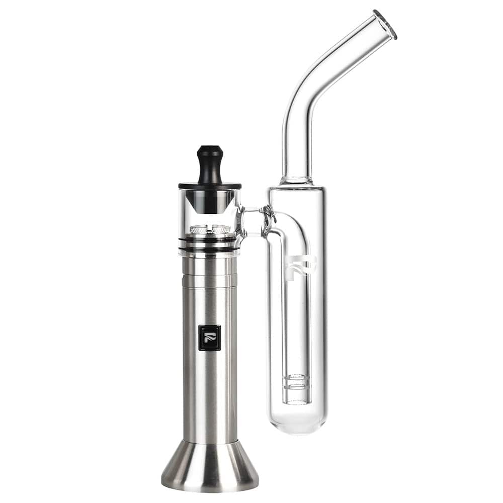 Studio-style front view of the Pulsar Barb Fire H2O Variable Voltage Wax Vape Kit in brushed silver with its glass water attachment shown upright.
