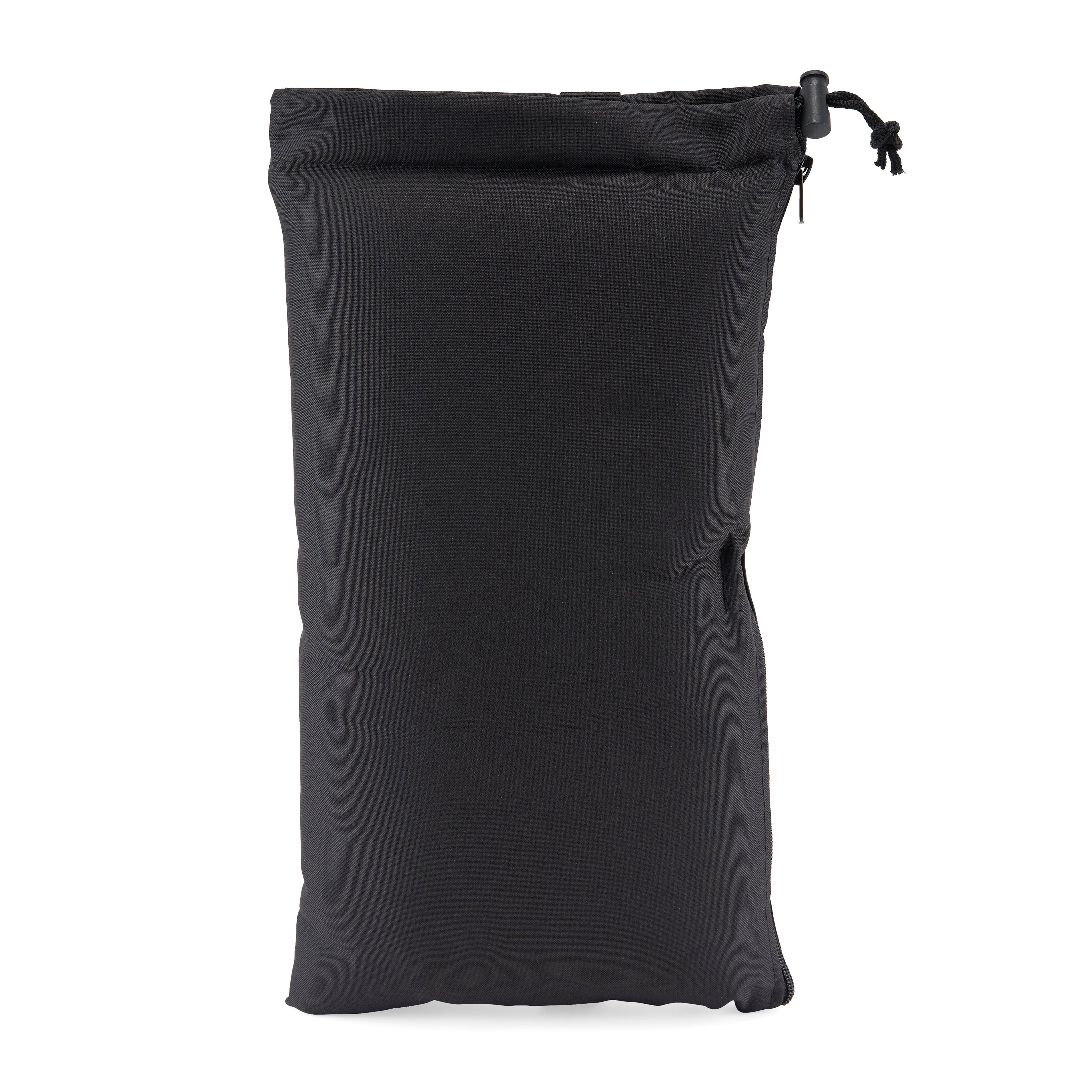 A slightly angled view of the 16" Glass Pillow Storage Pouch with Zipper and Drawstring, showing its closed, drawstring top against a plain white background.