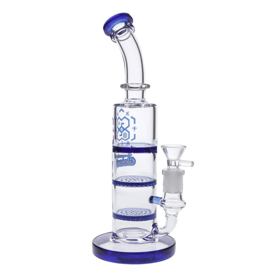Front view of the Bent Neck Water Pipe w/ Triple Honey Comb Perc, showcasing its clear glass construction and triple percolator design.
