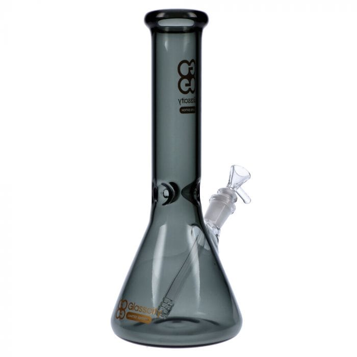 A front view of the Glasscity Limited Edition Small Beaker Ice Bong, showcasing its clear glass construction and simple beaker shape.