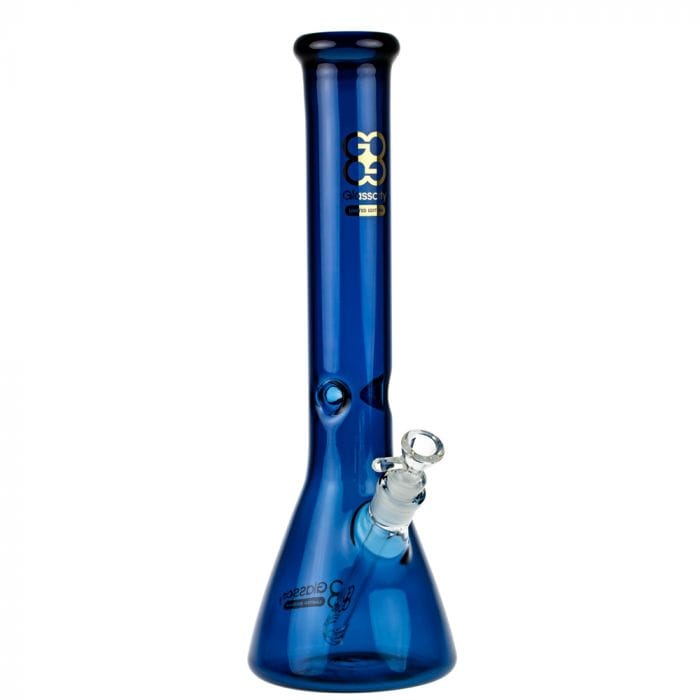 A studio shot of the Glasscity Limited Edition Cobalt Blue Beaker Ice Bong, showing its sleek, blue glass form from a slightly angled front view.