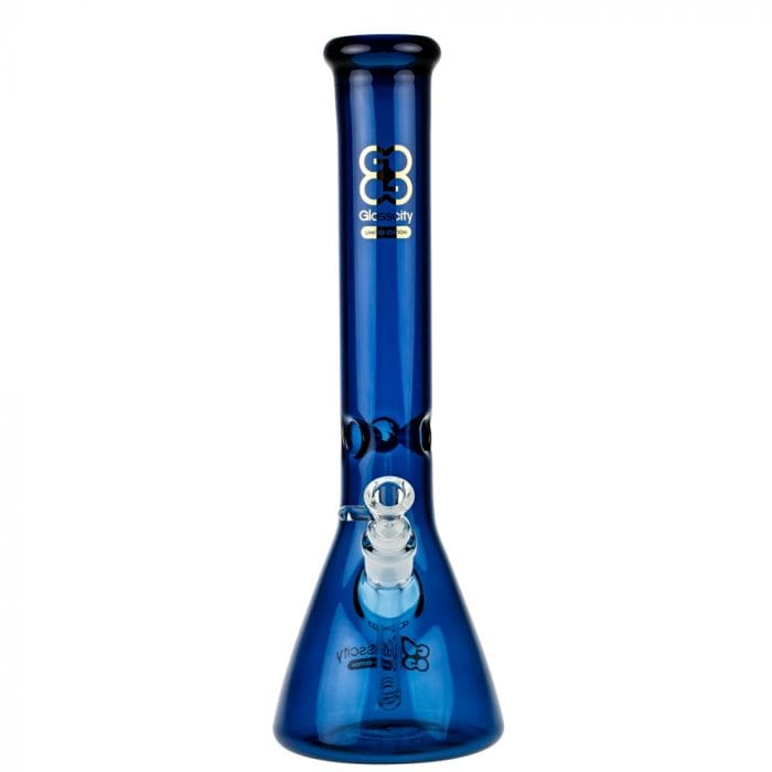 Front view of the Glasscity Limited Edition Cobalt Blue Beaker Ice Bong, showcasing its vibrant blue glass and classic beaker shape.