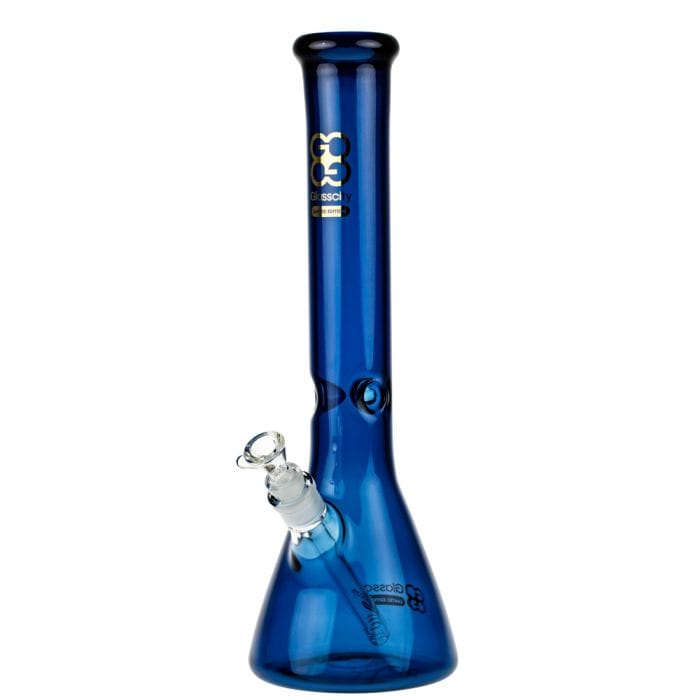 Front view of the Glasscity Limited Edition Cobalt Blue Beaker Ice Bong, showcasing its deep blue glass and classic beaker shape.