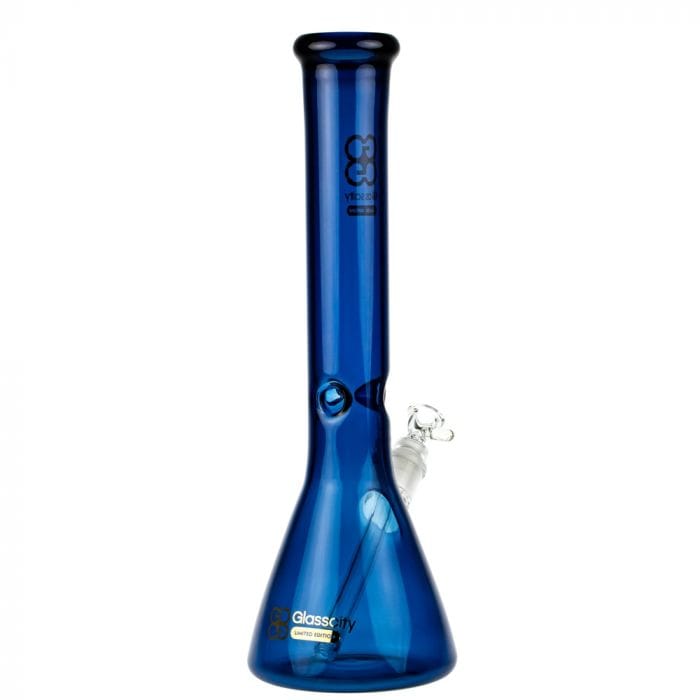 Front view of the Glasscity Limited Edition Cobalt Blue Beaker Ice Bong, showcasing its vibrant blue glass and classic beaker shape.