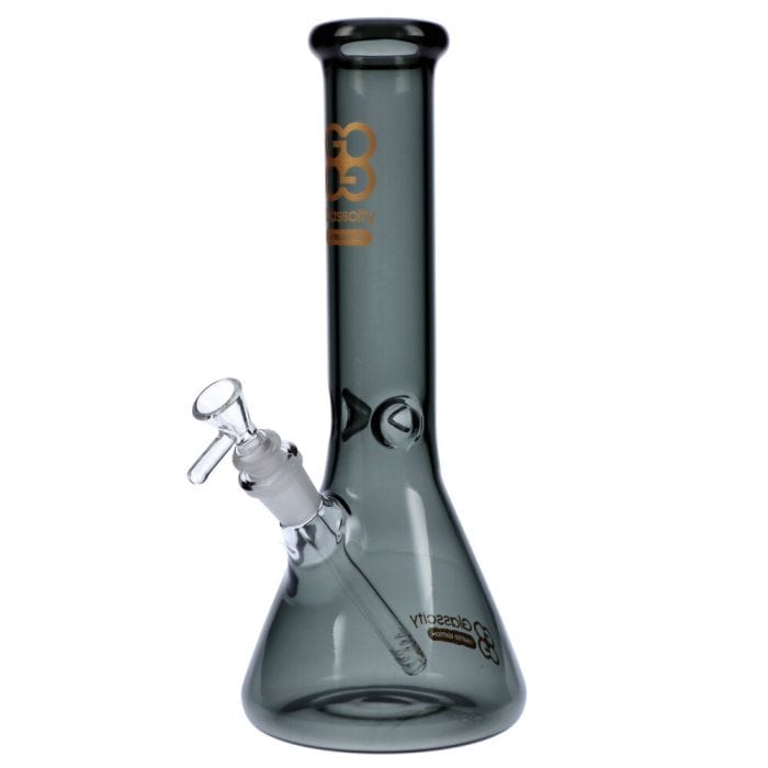 A studio shot of the Glasscity Limited Edition Small Beaker Ice Bong, showcasing its clear glass construction and beaker shape.