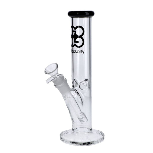 A straight-on view of the 10-inch Glasscity Straight Cylinder Ice Bong, showcasing its clear glass construction and simple cylindrical shape.
