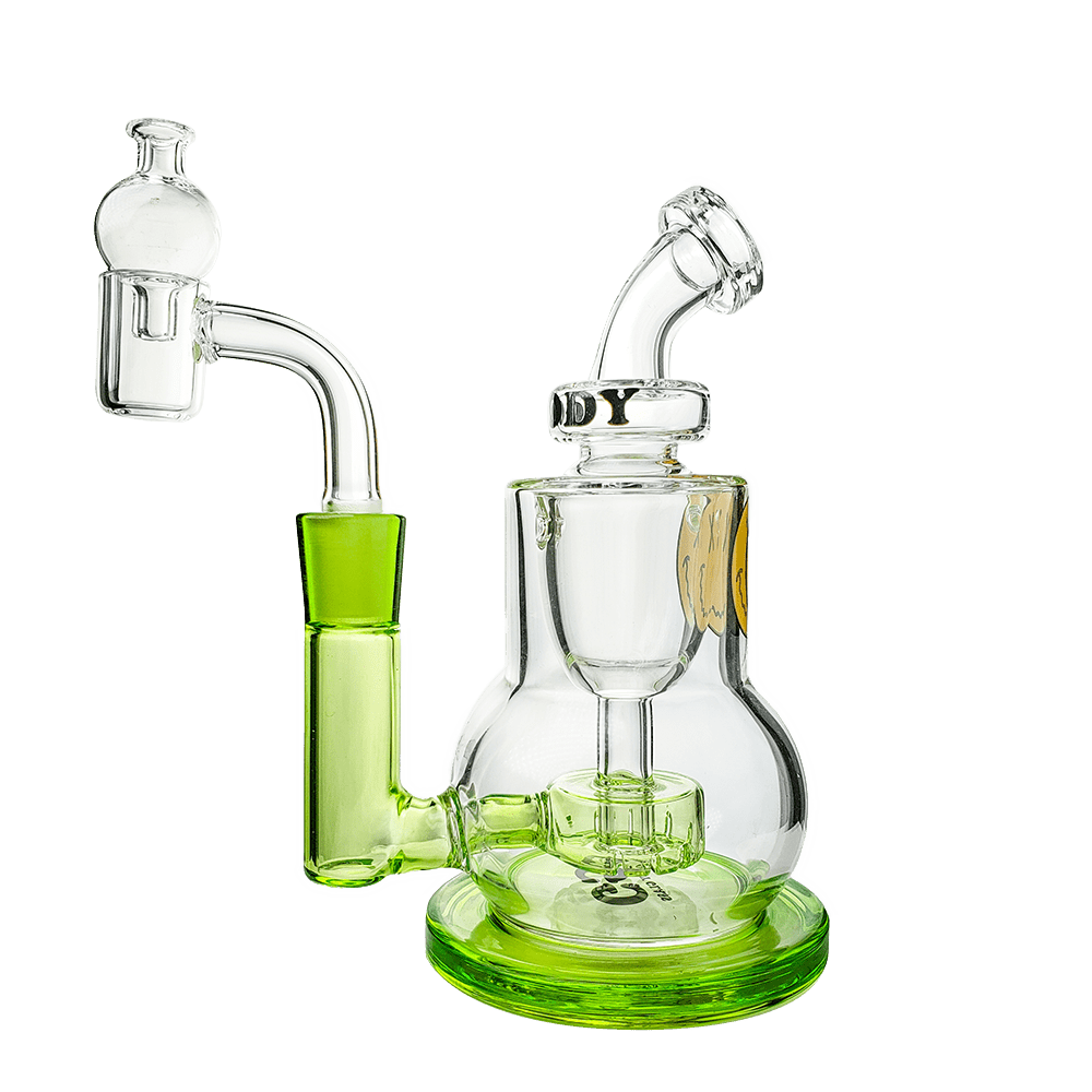 A three-quarter view of The Chief Mini Rig 4-Piece Kit, showcasing the clear glass rig and its attached downstem.