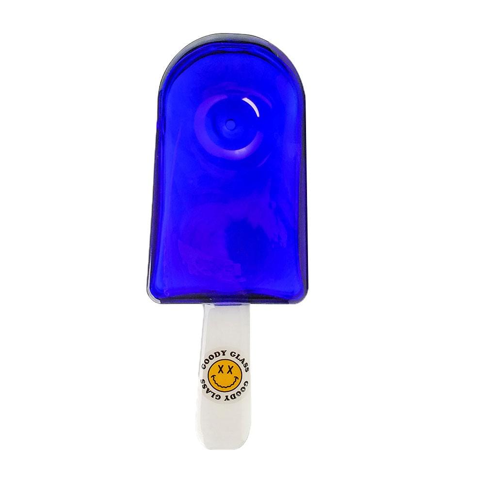 A close-up of the blue Goody Popsicle Hand Pipe, resembling a melting popsicle with a curved mouthpiece.