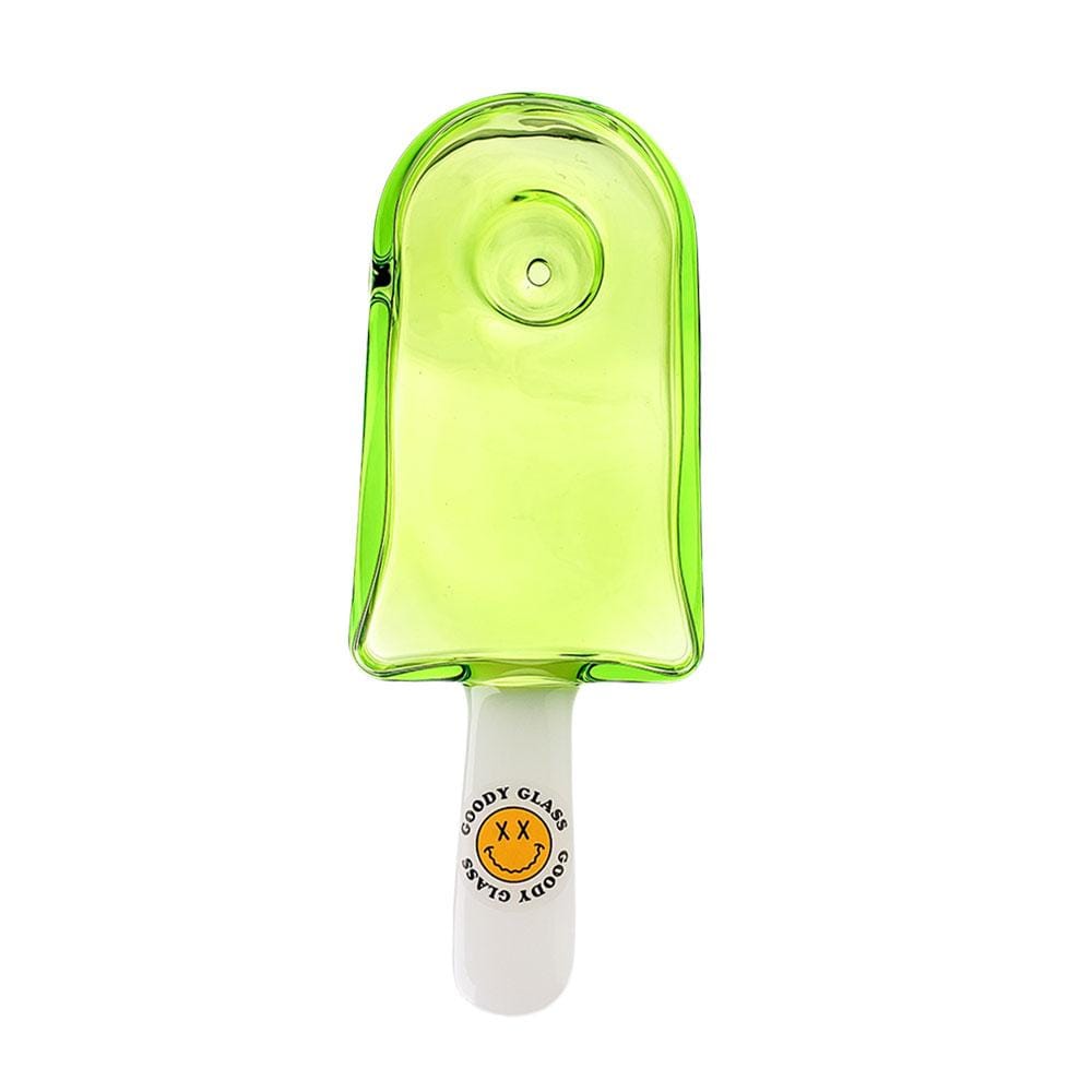 A bright, angled studio shot of the Goody Popsicle Hand Pipe, showcasing its vibrant green glass design.