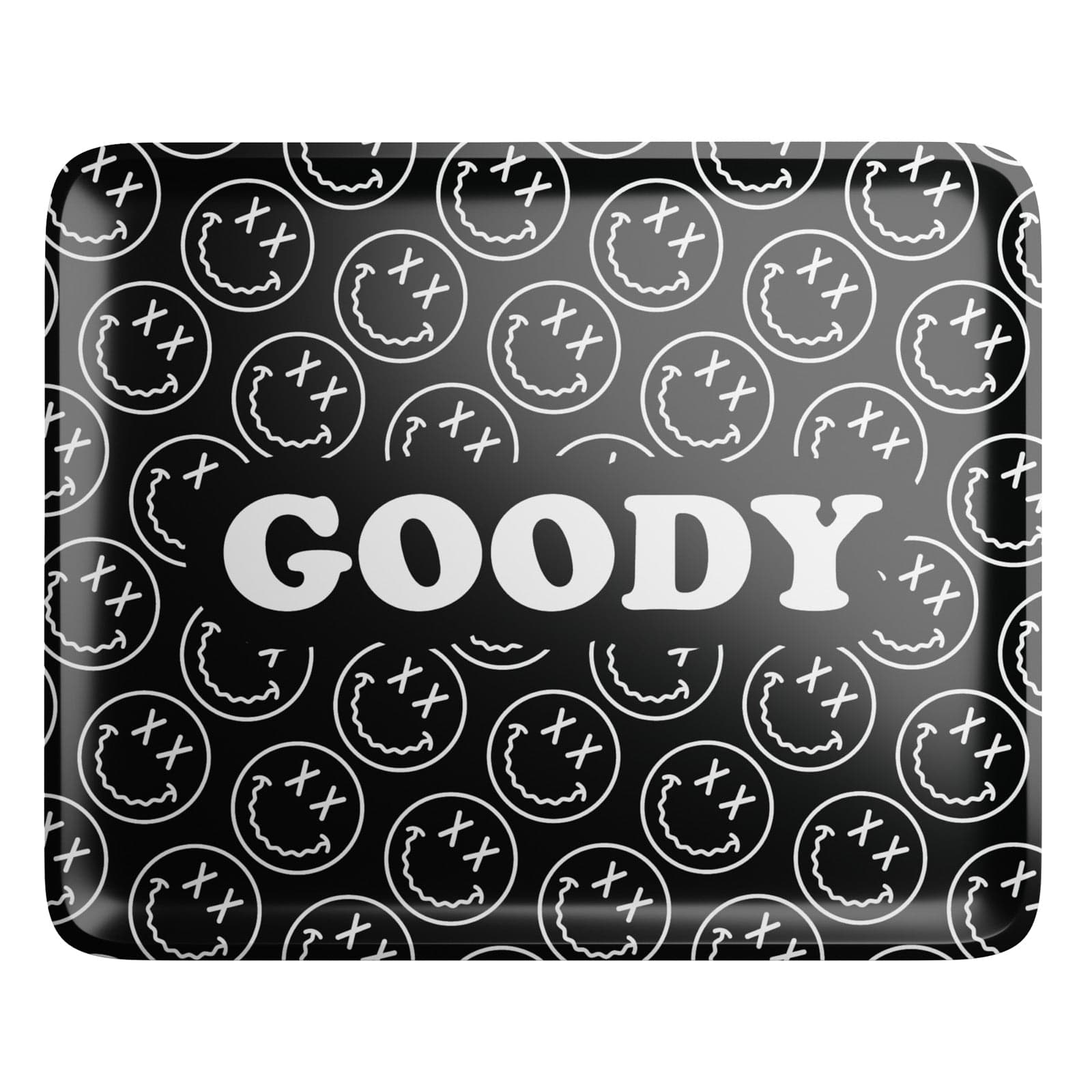 Overhead view of the Goody Glass Pattern Face Black Rolling Tray, featuring a repeating face pattern on a black background.