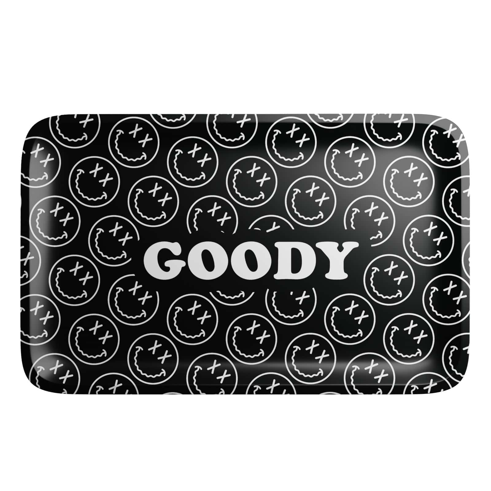 Overhead view of the Goody Glass Pattern Face Black Rolling Tray, showcasing a black surface with a repeating glass pattern design.