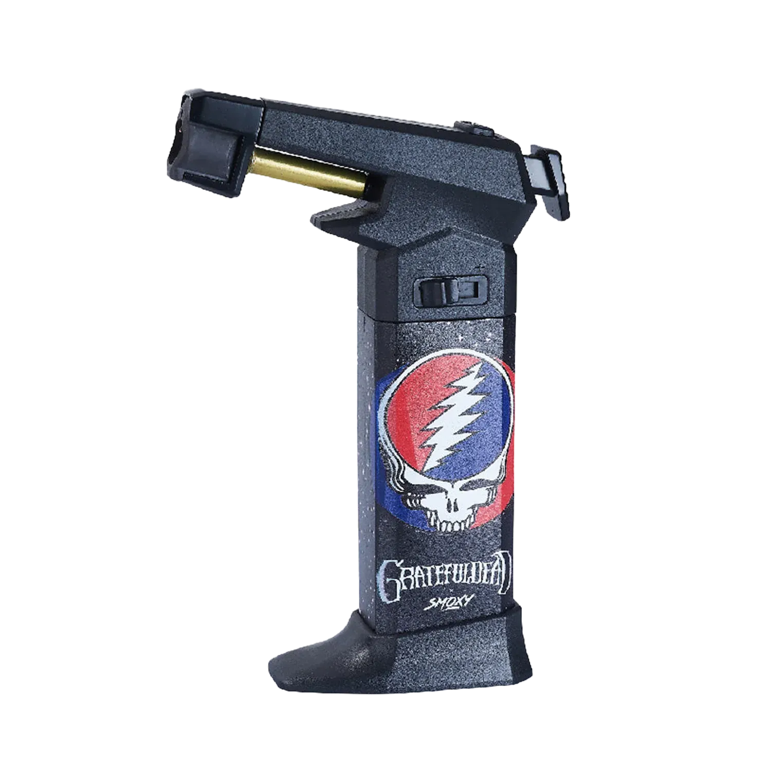 Side view close-up of the Grateful Dead The Rock Torch showing its angled black nozzle, visible gold ignition tube, and skull lightning bolt logo on the body.