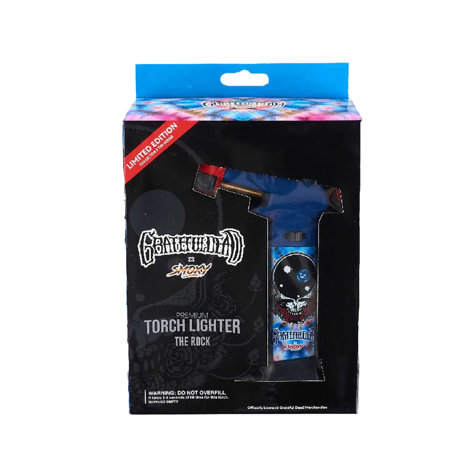 Front-facing boxed view of the Grateful Dead The Rock Torch showing the blue skull-decorated torch lighter visible through a die-cut window.