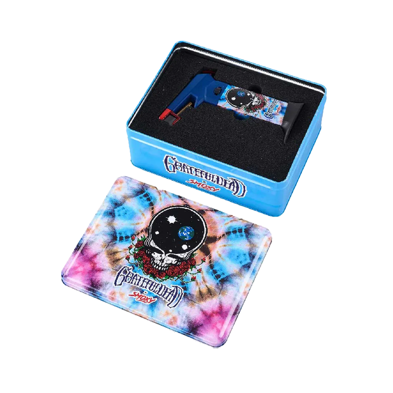 Angled top view of the Grateful Dead The Rock Torch in a blue foam-lined tin with its tie-dye lid featuring the skull-and-rose globe artwork.