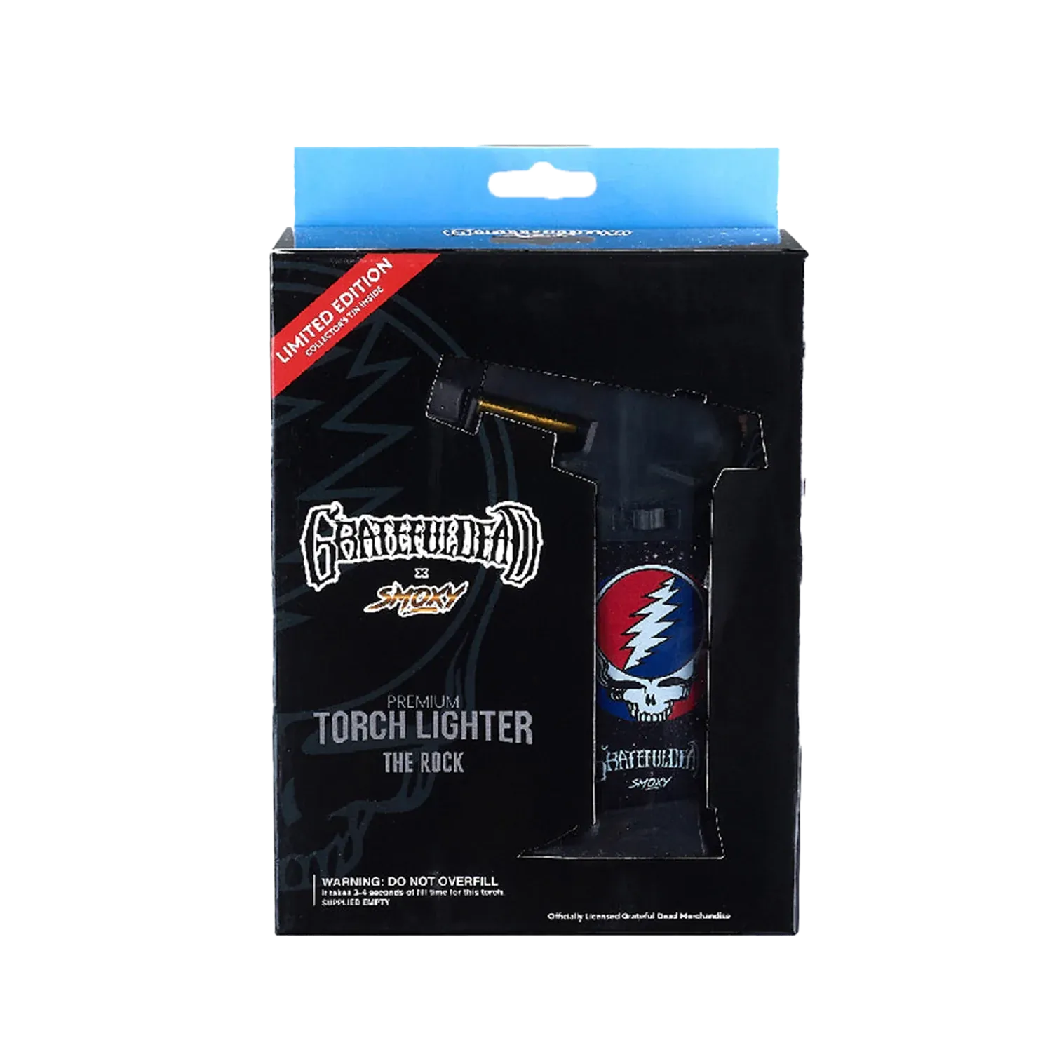 Front view of the boxed Grateful Dead The Rock Torch showing the black packaging and a peek of the skull lightning logo on the torch.