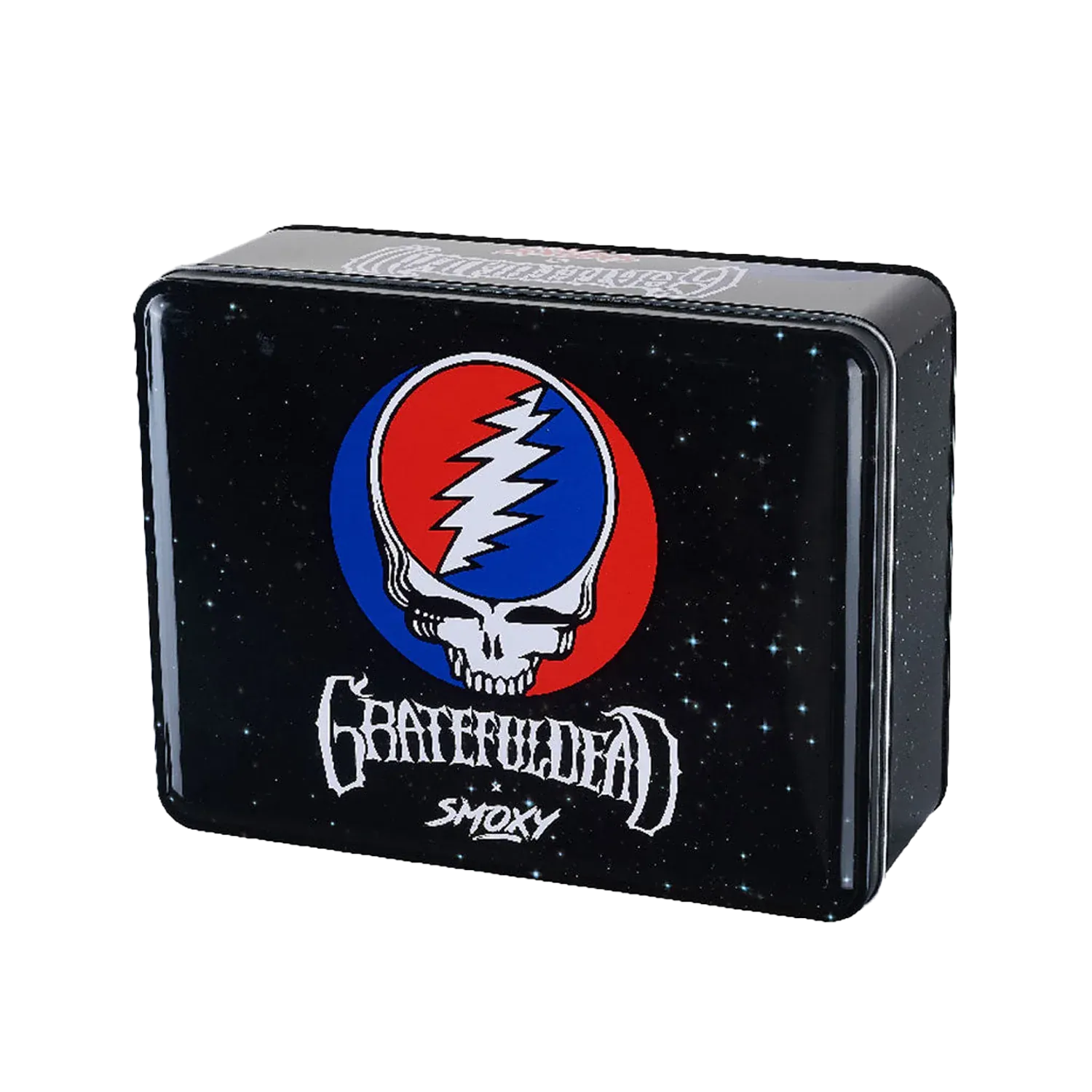 Angled close-up of a black tin featuring the Grateful Dead The Rock Torch logo—starry background with the red‑and‑blue lightning skull on the front