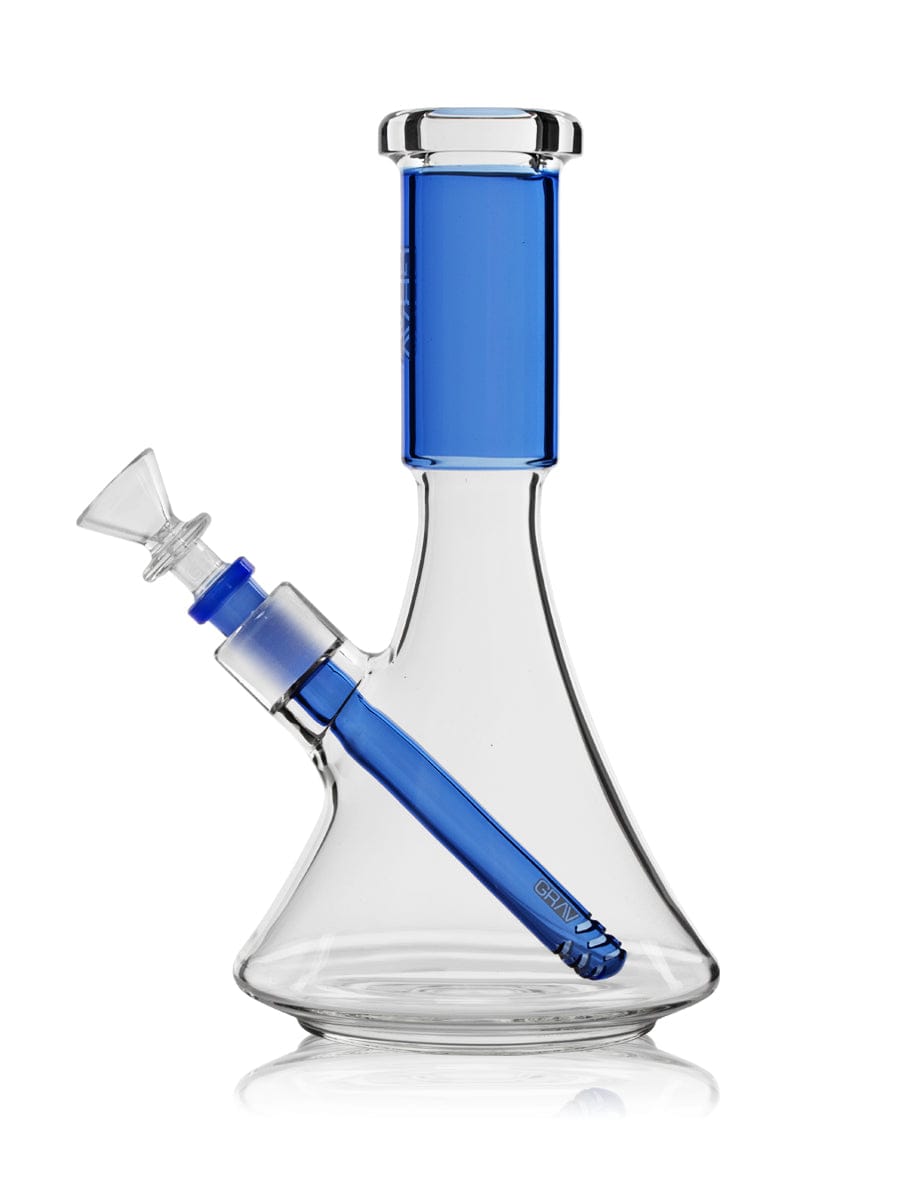 Front view of the Medium Accented Deco Beaker Bong, a blue glass piece with a classic beaker shape and reflective surface.