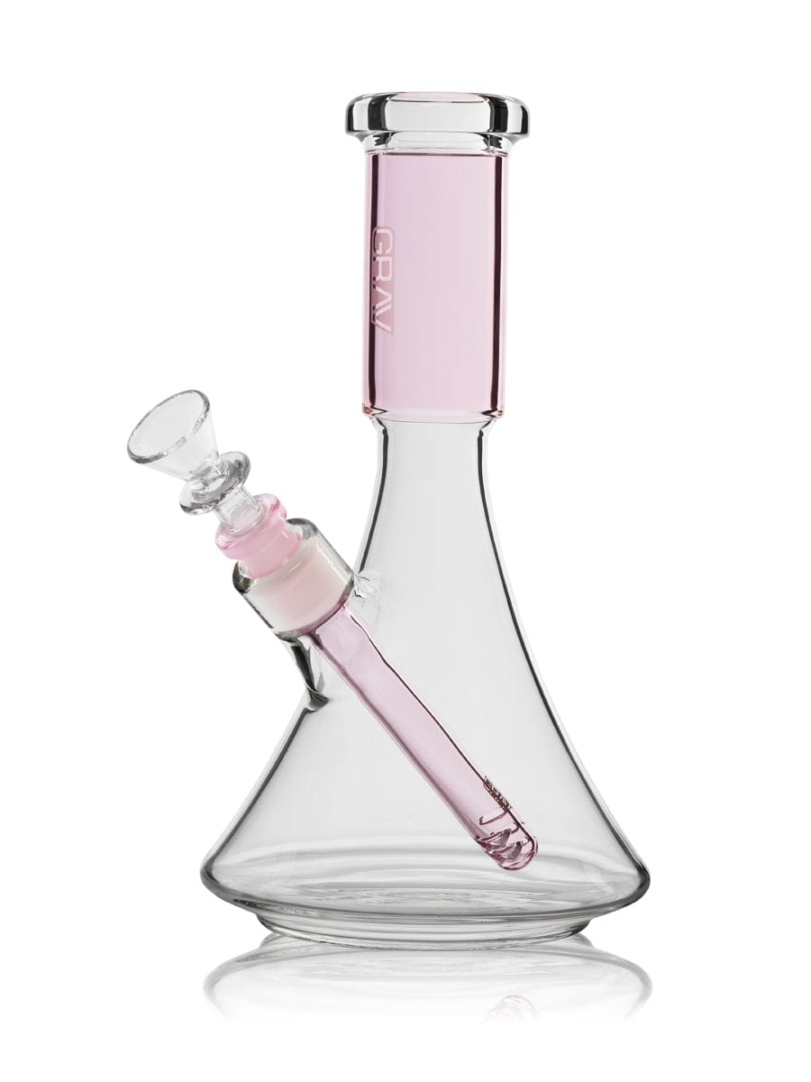 Front view of the Medium Accented Deco Beaker Bong, a clear glass piece with a simple, rounded base and angled neck.