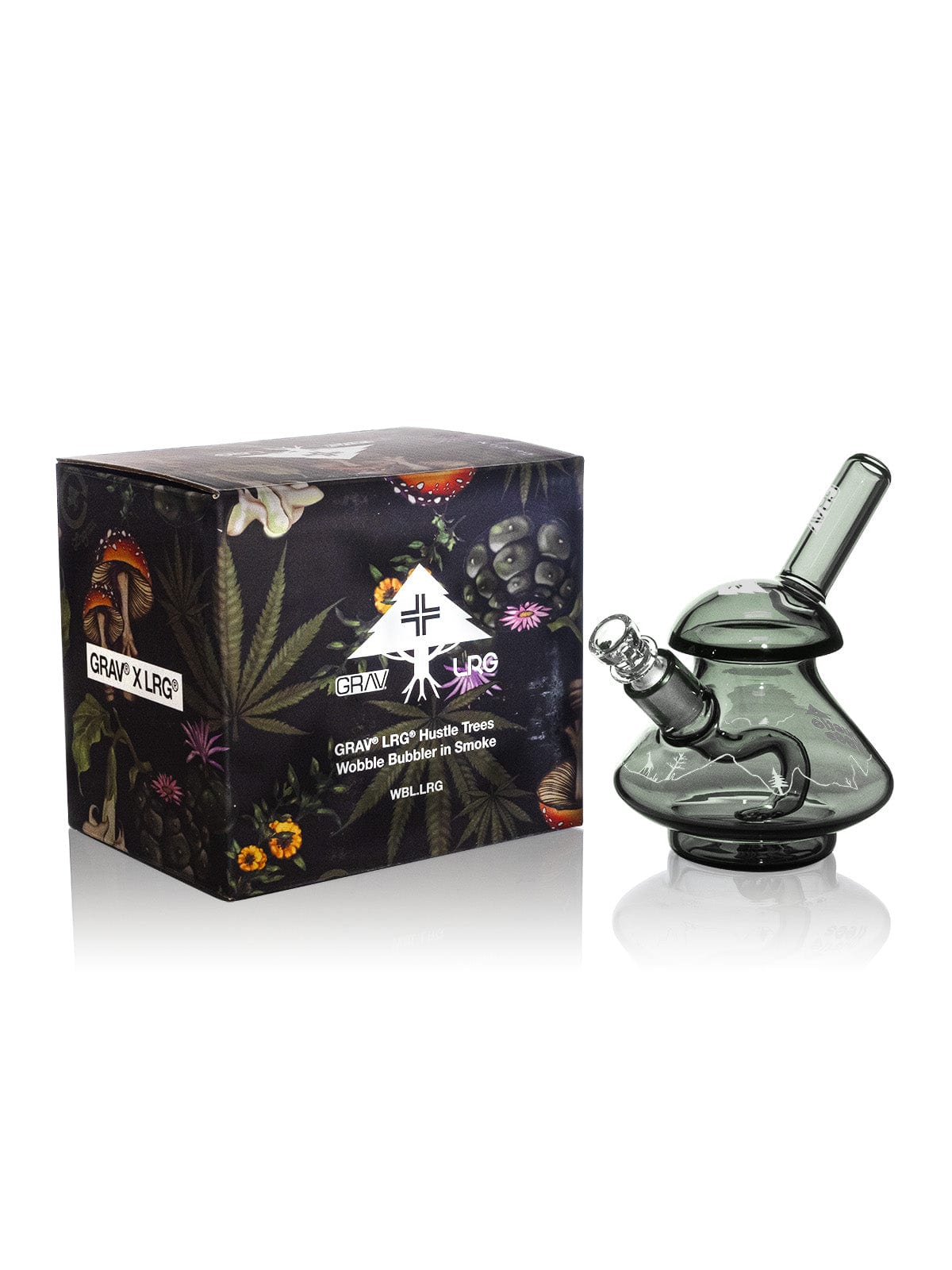 Front view of the LRGÂ® Hustle Trees Wobble Bubbler, showing its clear glass construction and unique, rounded shape.