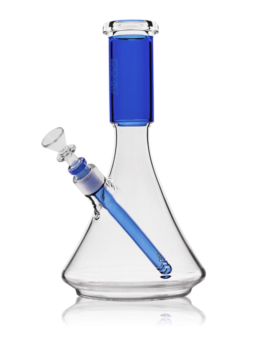 Front view of the Large Accented Deco Beaker Bong, showing its clear glass construction and accented blue neck against a plain white background.