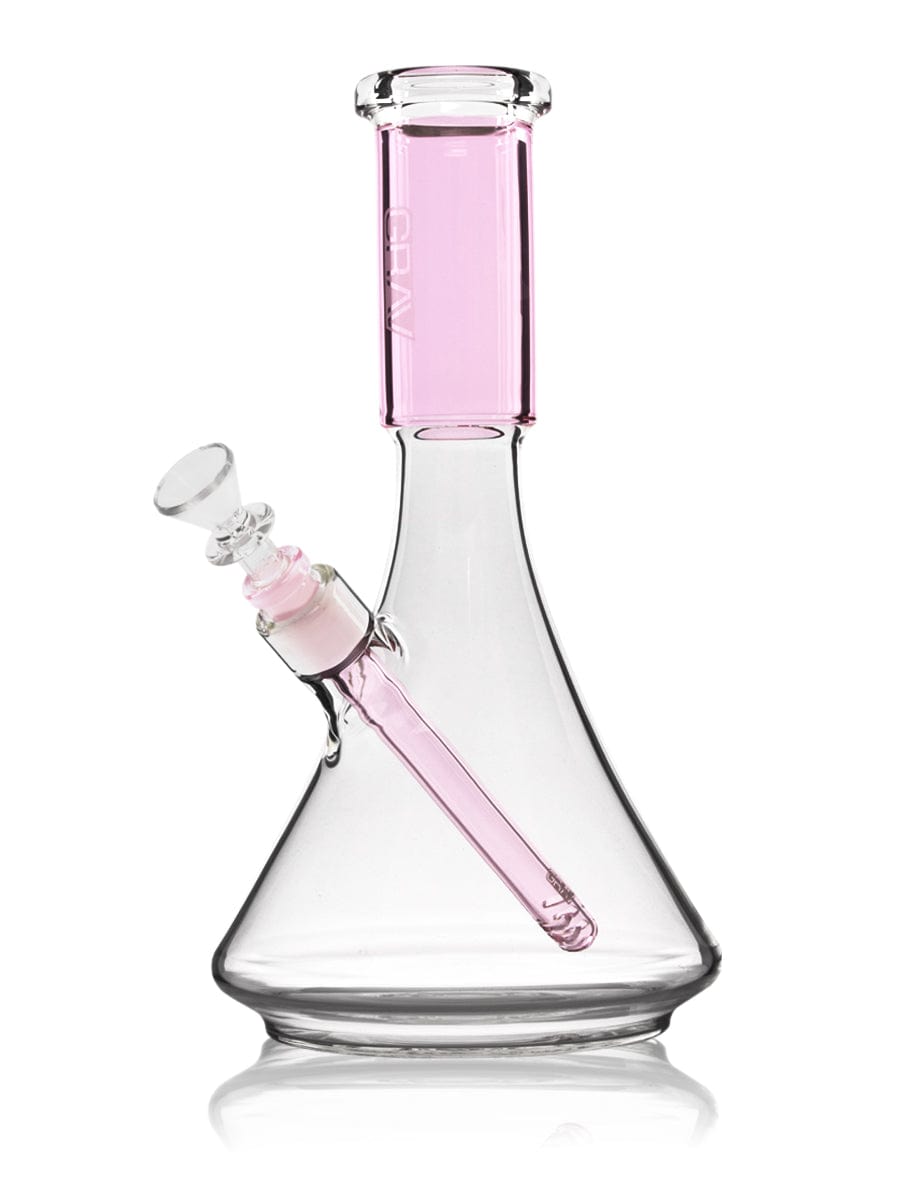 Front view of the Large Accented Deco Beaker Bong, a clear glass piece with a wide base and sleek, decorative accents.