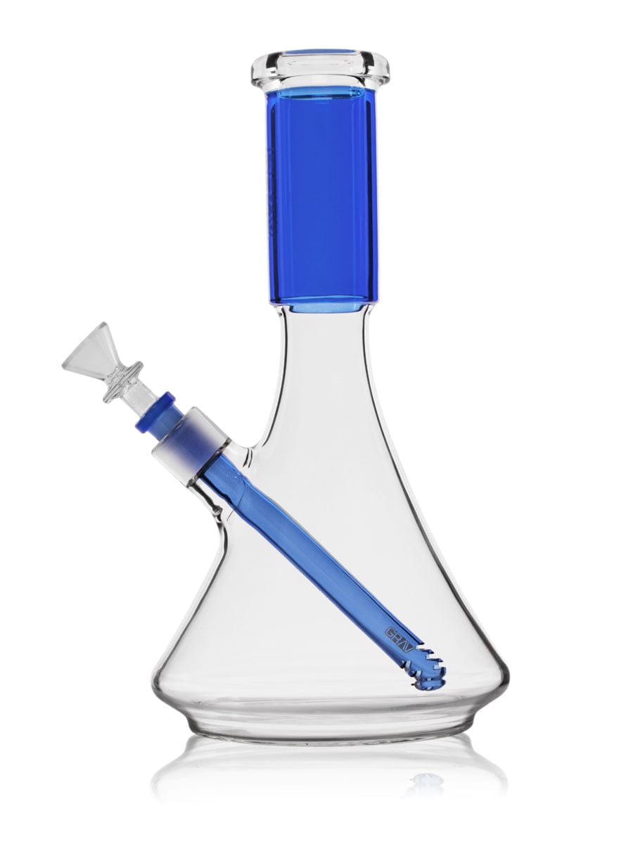 A front view of the Large Accented Deco Beaker Bong, featuring a clear glass construction with subtle accents and a wide base.