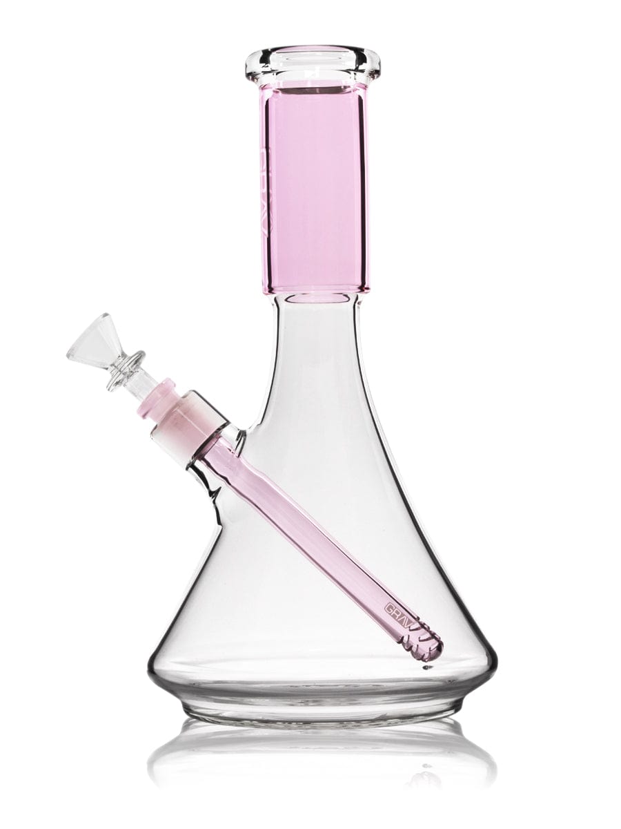 Front view of the Large Accented Deco Beaker Bong, with a wide base and clear glass construction reflecting a bright, neutral background.
