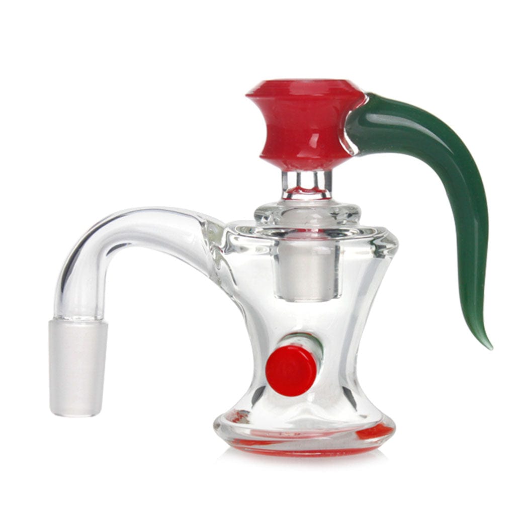 A slightly angled view of the DRY ASH CATCHER WITH FLOWER BOWL, featuring a clear glass construction and a decorative, flower-shaped bowl.