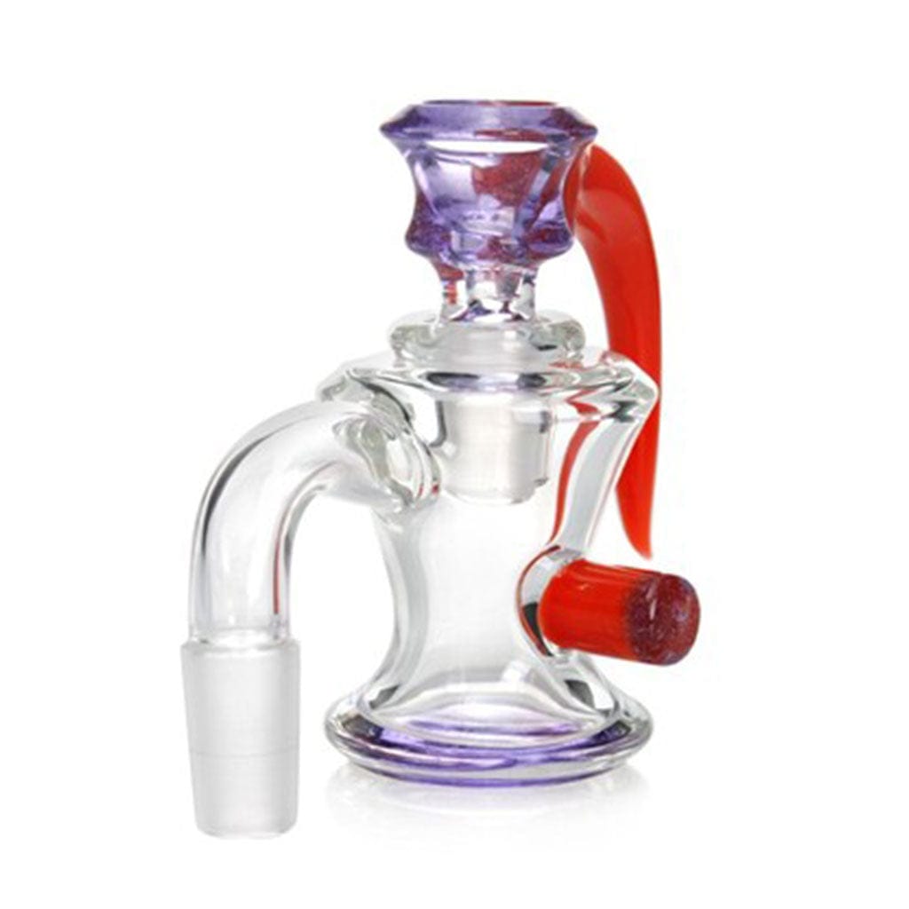 Front view of the DRY ASH CATCHER WITH FLOWER BOWL, a glass piece with a purple-tinted bowl and a red mouthpiece.