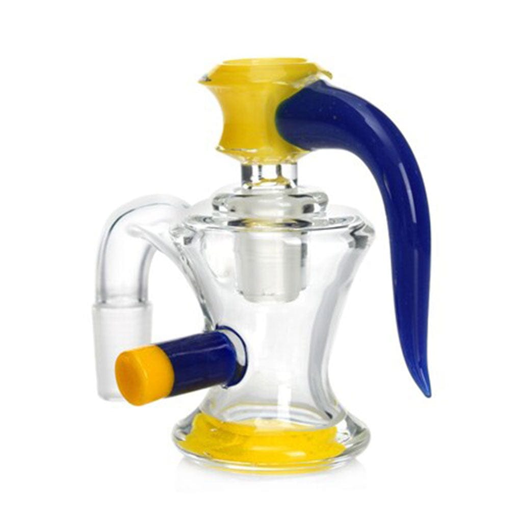 A front view of the DRY ASH CATCHER WITH FLOWER BOWL, featuring a clear glass construction with a blue accent on its curved neck.