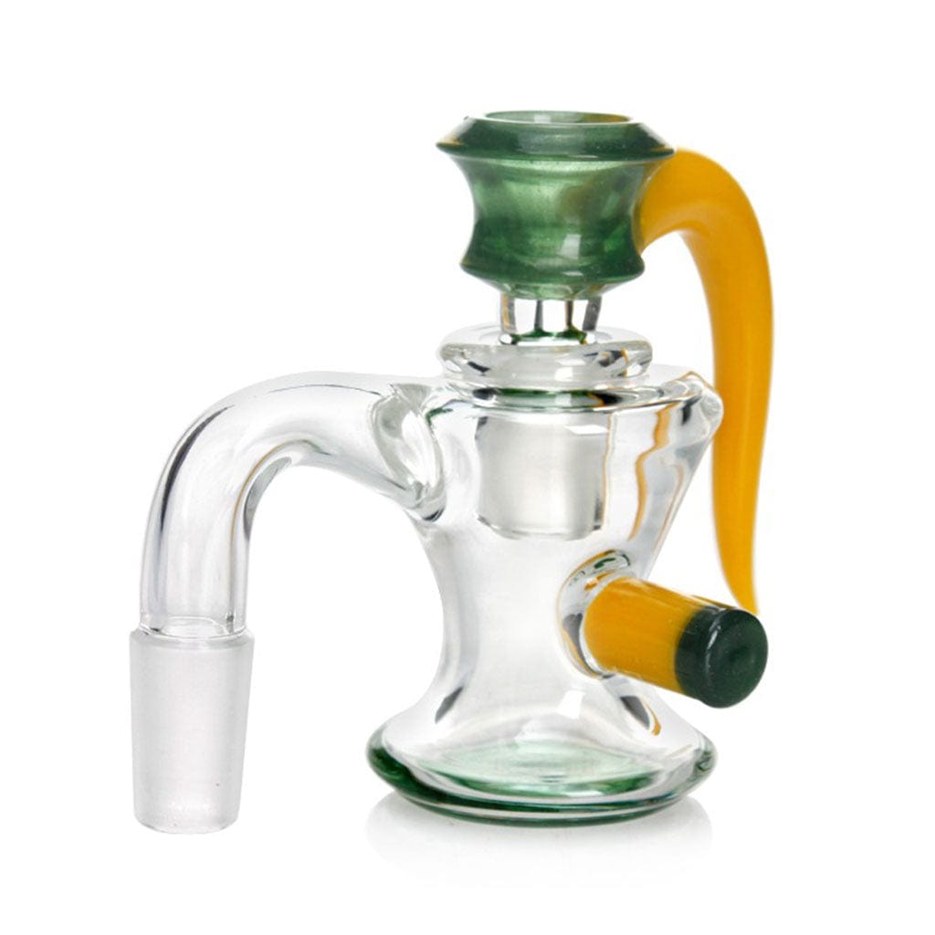 A close-up, angled view of the DRY ASH CATCHER WITH FLOWER BOWL, showcasing its clear glass construction and curved neck design.