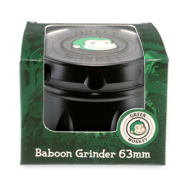 Front view of the Baboon Crown 63mm Grinder, a metal grinder with a patterned lid against a dark background.