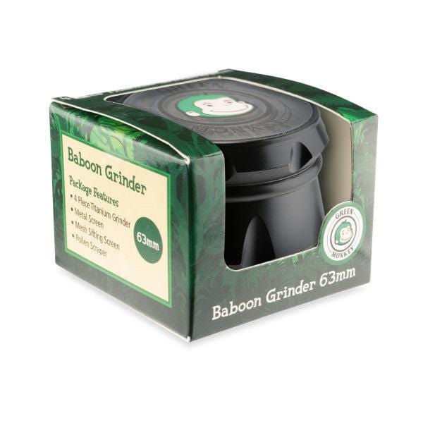 Front view of the Baboon Crown 63mm Grinder with a metallic finish, highlighting the brand logo on its packaging.