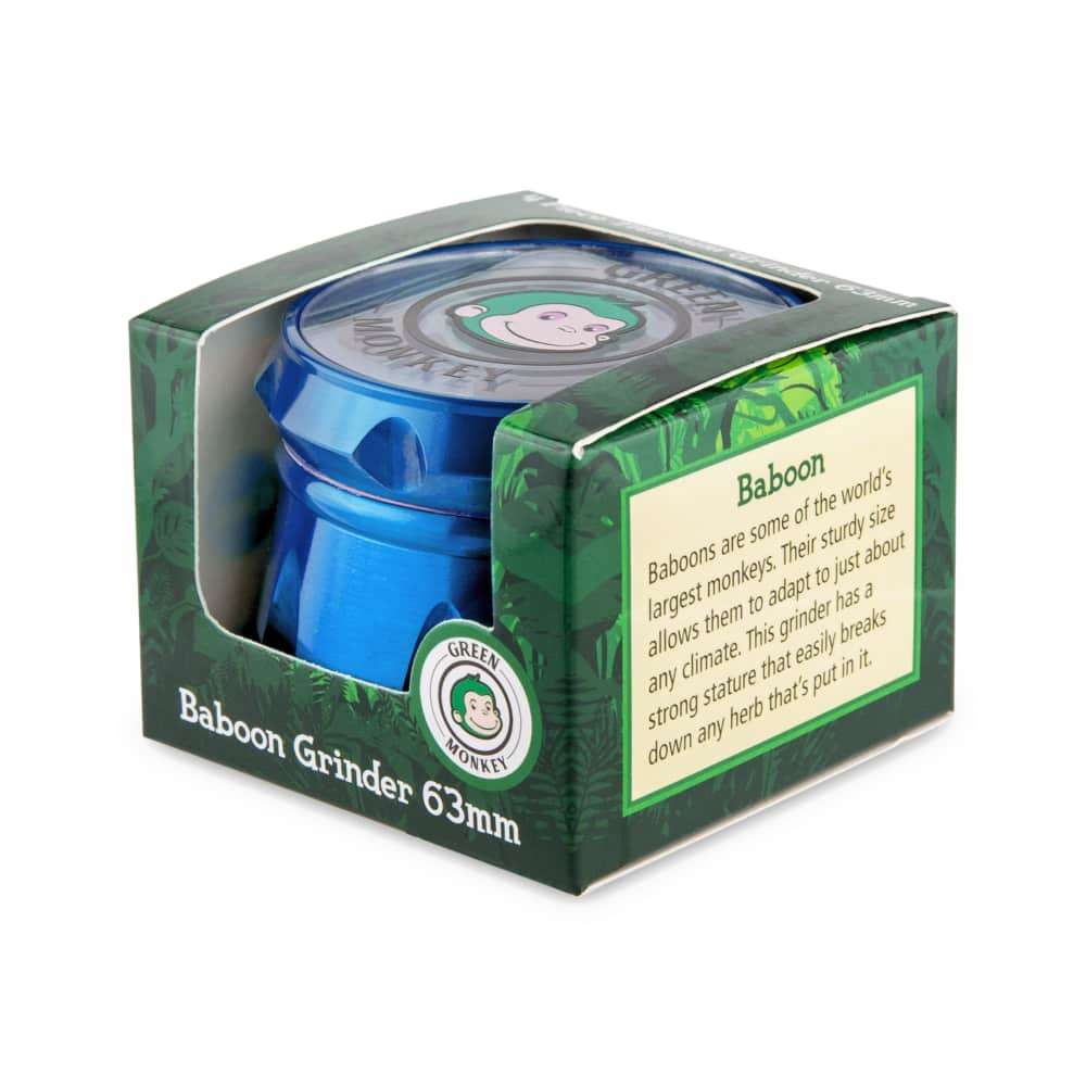 A centered, slightly angled view of the Baboon Crown 63mm Grinder, featuring a metallic finish and embossed logo on a dark background.