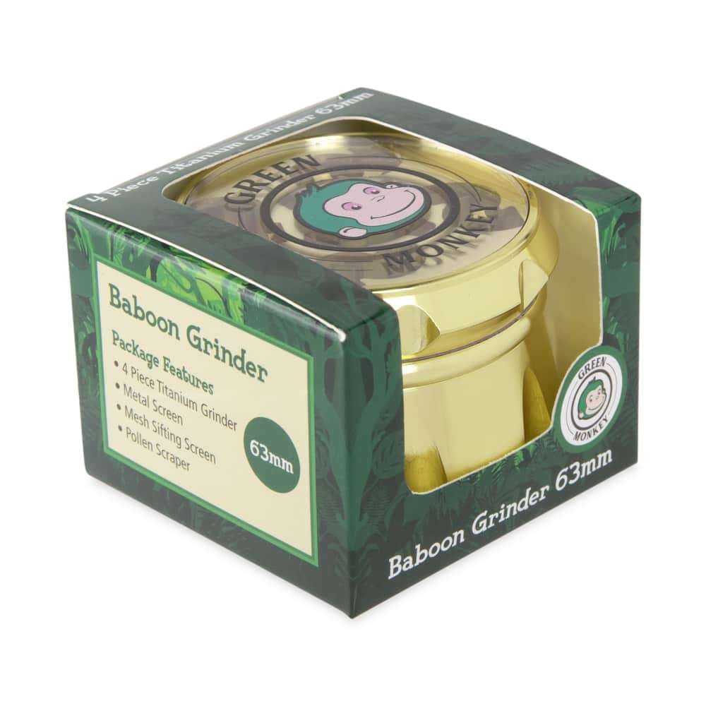 Close-up of the Baboon Crown 63mm Grinder with a silver metallic finish, presented against a dark background.