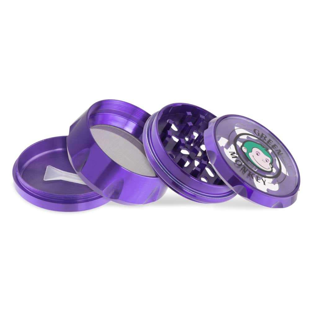 The Baboon Crown 63mm Grinder is shown disassembled in a circular arrangement, revealing its metallic, multi-part construction.