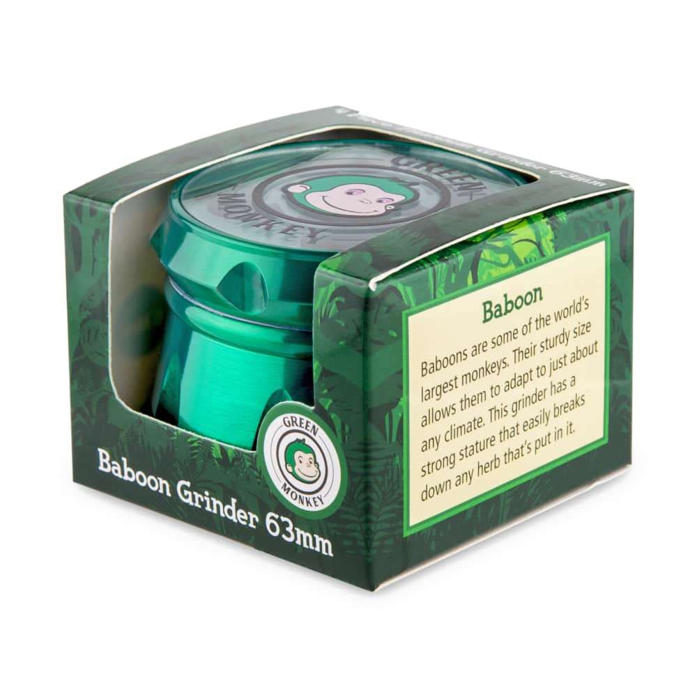 A close-up, angled view of the Baboon Crown 63mm Grinder, displaying its metallic finish and circular design.