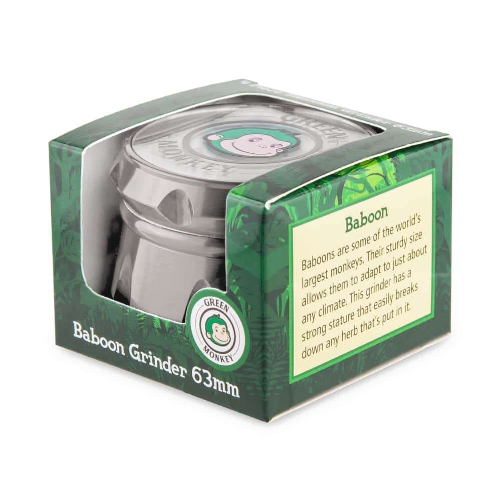 Front view of the Baboon Crown 63mm Grinder with a silver finish, set against a dark gray background.