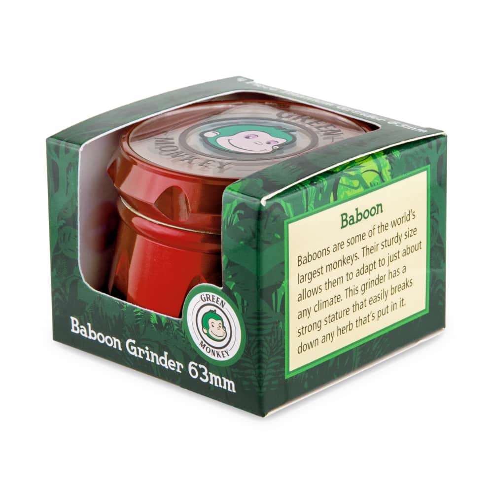 Front view of the Baboon Crown 63mm Grinder, featuring a metallic finish and circular design against a dark background.