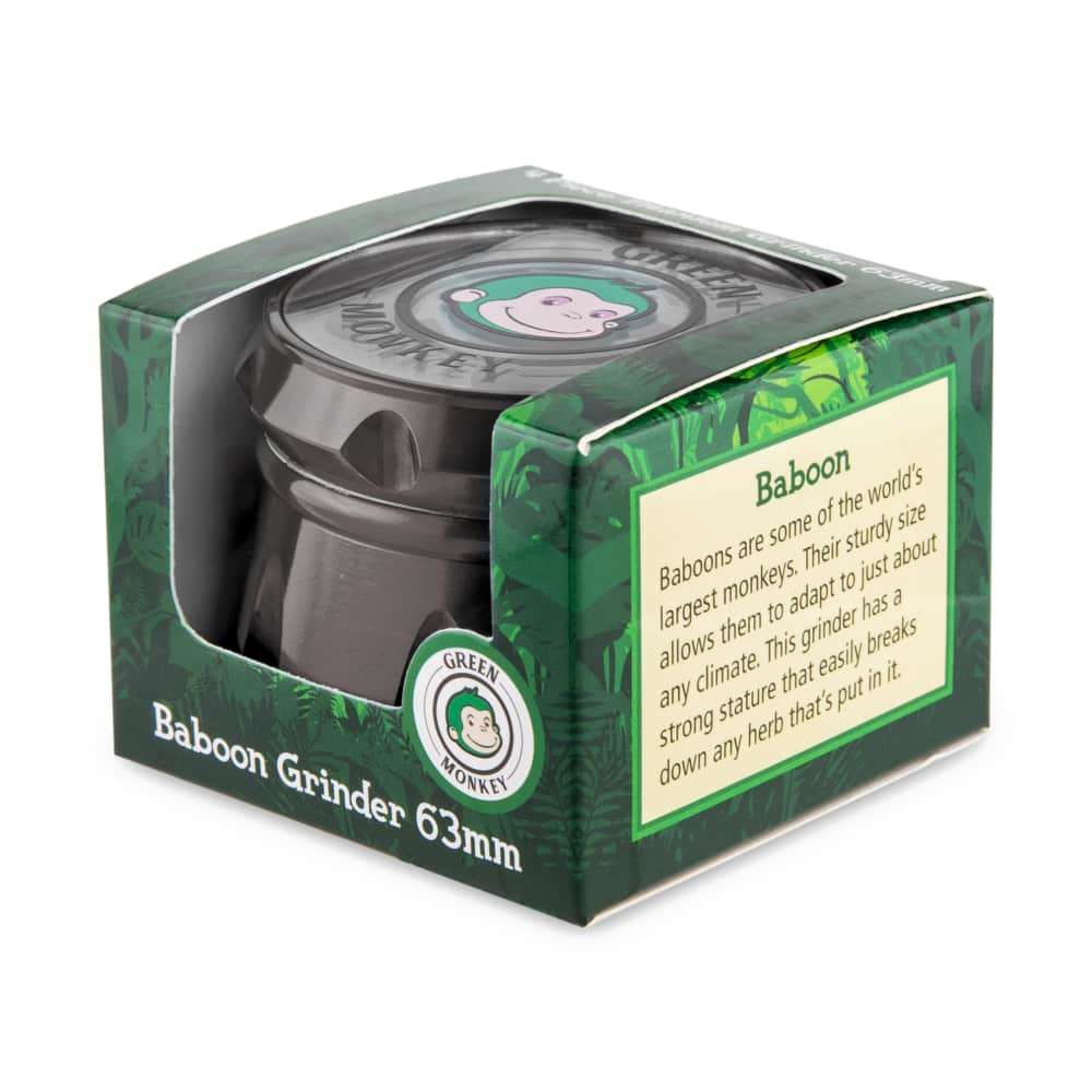 Front view of the Baboon Crown 63mm Grinder, showing its round shape and metallic finish against a dark background.